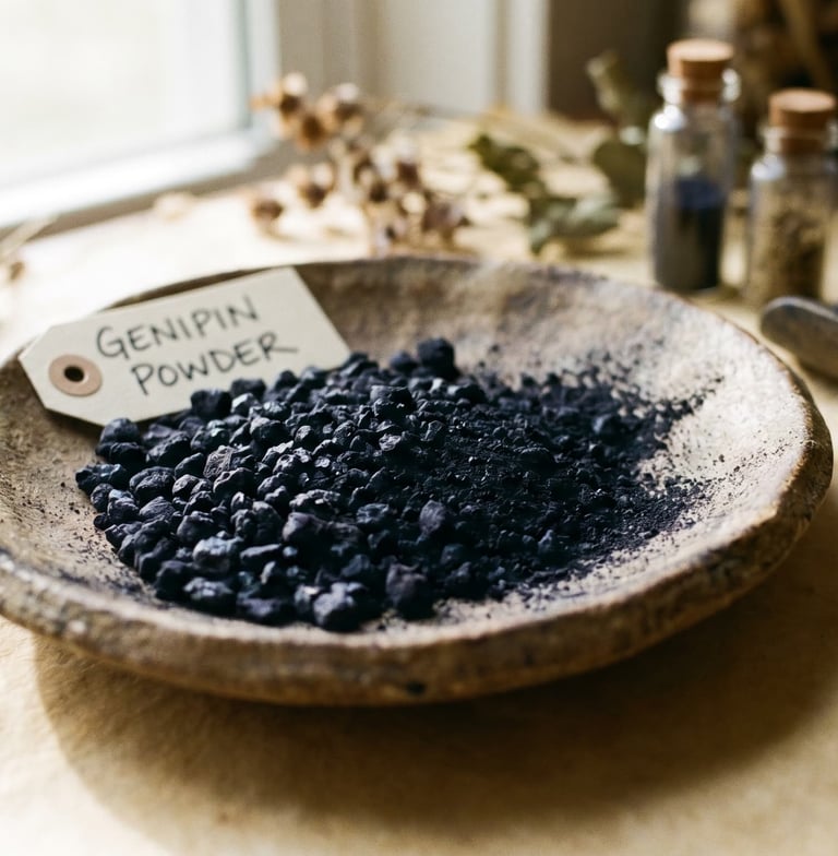 A stone bowl filled with blue genipin powder and granules for natural dye making.