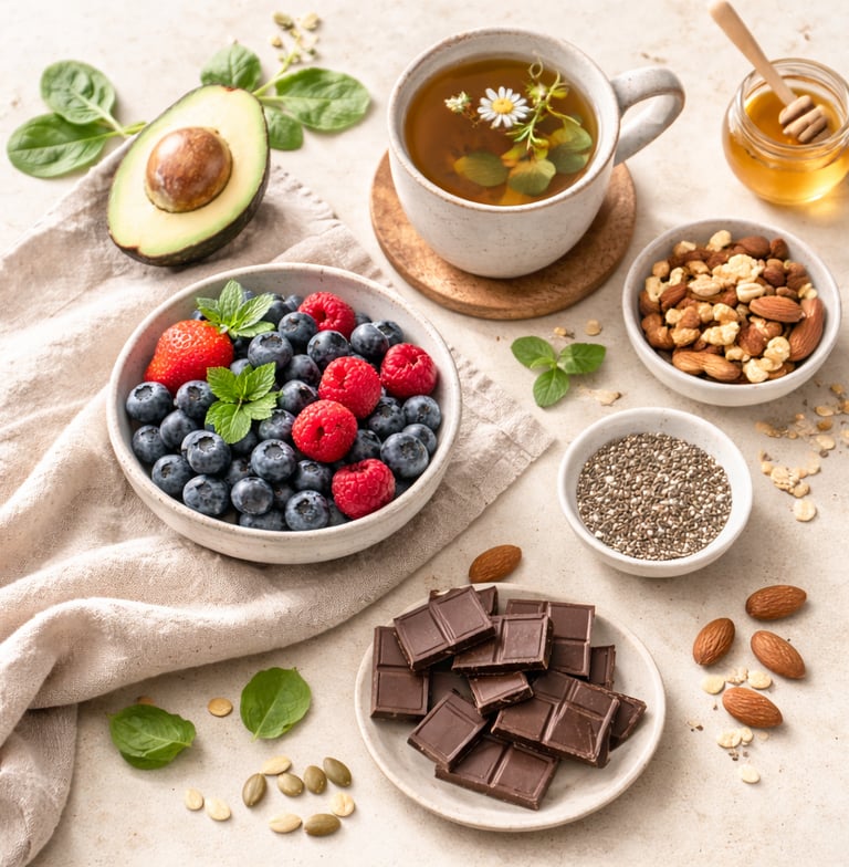 Healthy superfoods including a bowl of berries, dark chocolate, chamomile tea, nuts, and avocado for a balanced diet.