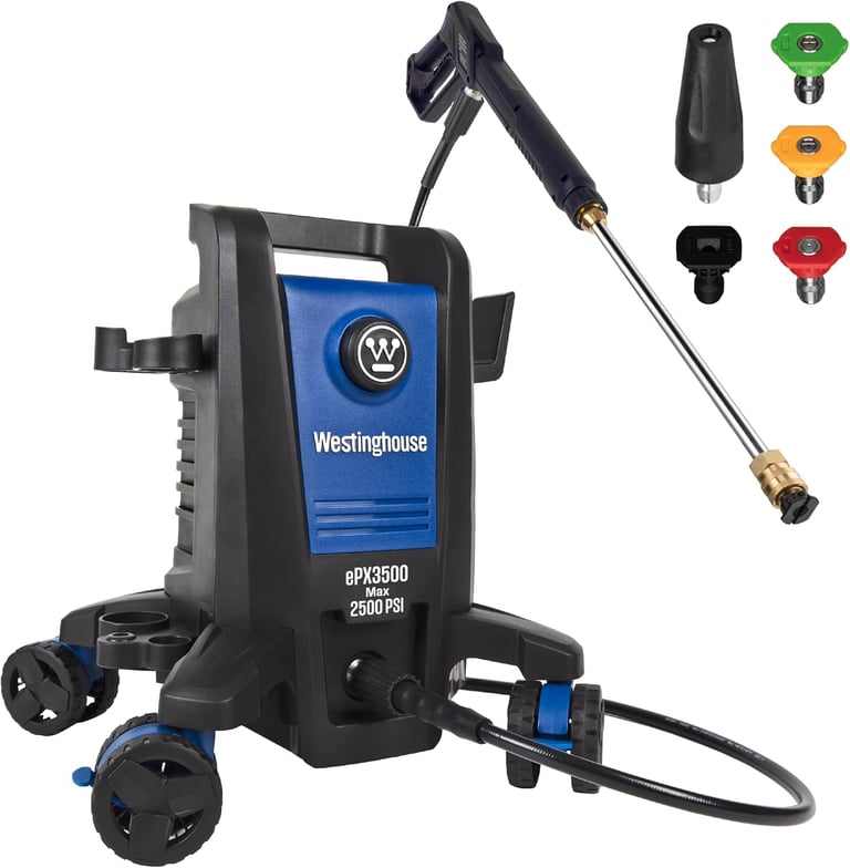 Westinghouse ePX3500 electric pressure washer with spray gun and five nozzle tips.