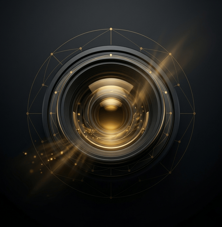 A high-end camera lens radiating gold light, illustrating visual revenue engines and premium design.