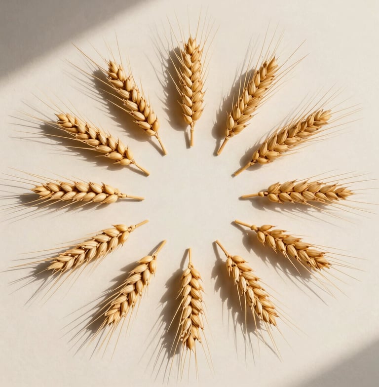 An elegant, minimalist close-up of golden wheat stalks (sanabel) arranged in a geometric Islamic star pattern, cast in warm afternoon sunlight against a clean ivory wall.