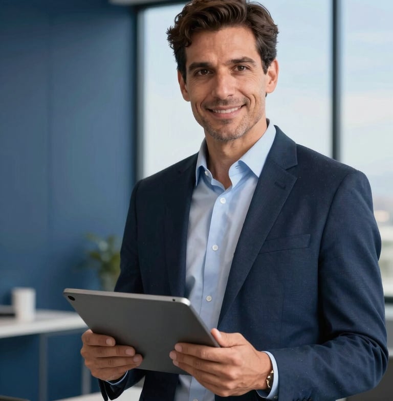 A high-quality professional photograph of a digital avatar appearing on a large tablet held by an Iberian / Latin American businessman in a bright, modern office with deep navy blue accents and soft sky blue natural lighting.