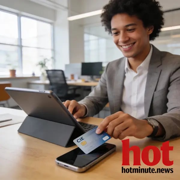 a man in a suit and tie dyes a credit card
