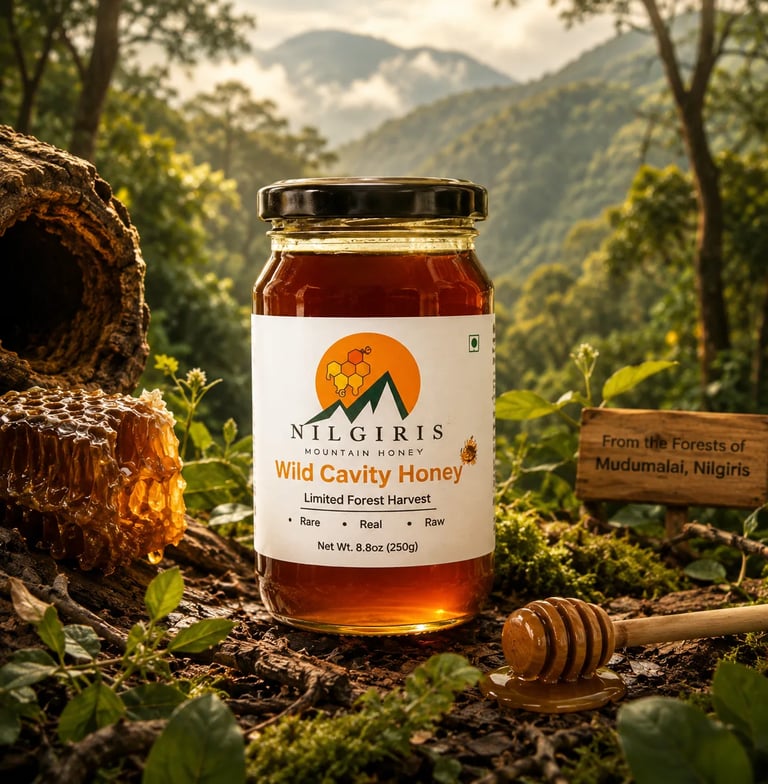 Jar of Nilgiris wild cavity honey and a fresh honeycomb in a lush forest with misty mountains.