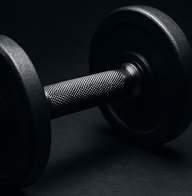 Close-up of a pristine, matte-finished steel dumbbell with precise knurling, strong directional key light carving out metallic textures, deep charcoal and safety orange accents, sharp focus, 50mm