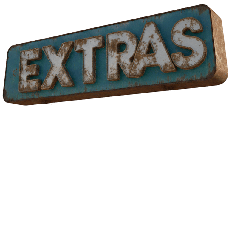Vintage rusty metal sign with 3D white text spelling EXTRAS on a teal background.