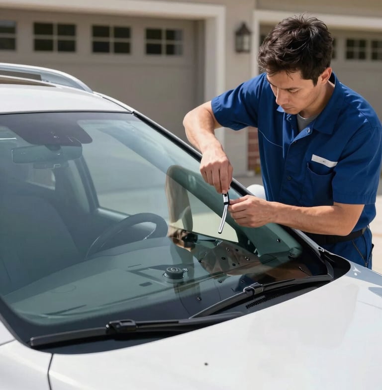A professional technician in a clean uniform installing a new windshield on a modern SUV in a bright North American driveway. Sharp focus on the precision of the fit, using Soft White and Steel Blue tones.
