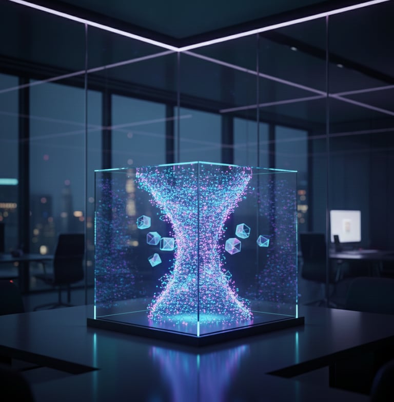A glowing holographic data cube displaying futuristic 3D digital particles in a modern office.