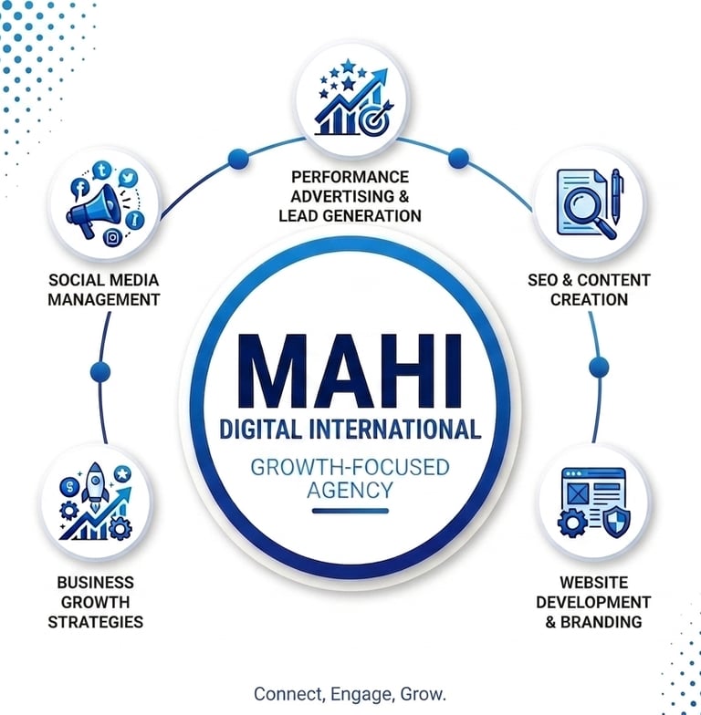 Mahi Digital International infographic showing SEO, social media management, and website development services.