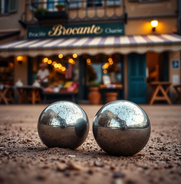 Ardèche, jeu de boules, pétanque, place et magasin de brocante