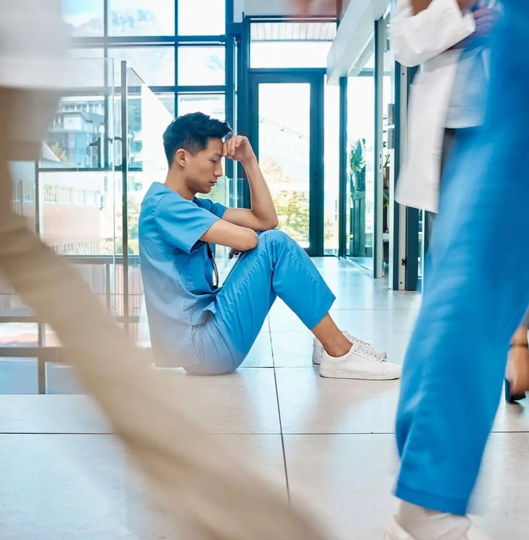 An exhausted nurse in blue clothing sitting on the floor thinking