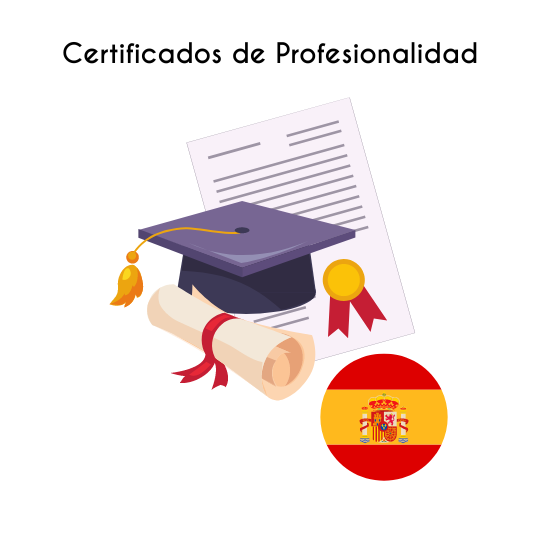 imagen que representa la obtención de un certificado de profesionalidad, birrete, diploma, bandera de españa