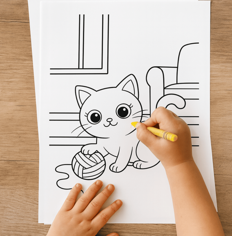 a child's hand holding a crayon and coloring in a cat