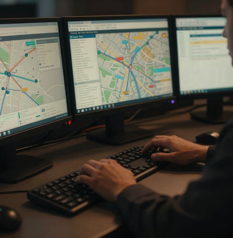 Close-up cinematic commercial photography of a dispatcher's hands on a multi-monitor setup, displaying complex route maps and permit applications, dramatic low-key lighting, deep charcoal and amber tones, high contrast, 35mm