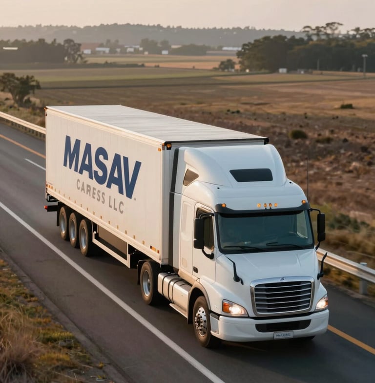 A high-angle shot of a white semi-truck driving on a modern highway through a clean landscape at sunrise. The lighting is crisp, highlighting the efficiency and movement of MASAV CARGO EXPRESS LLC.