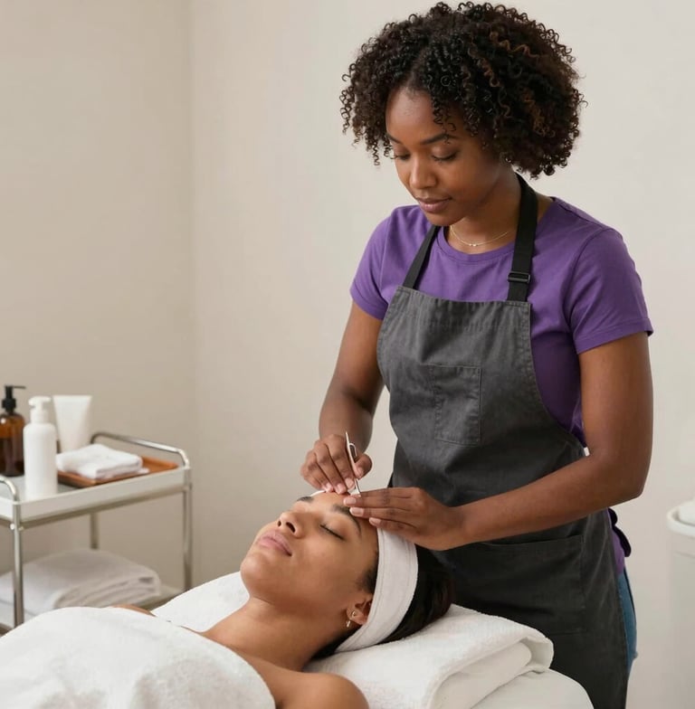 Close-up of a stylist gently braiding lush afro hair in a warm, elegant salon setting.
