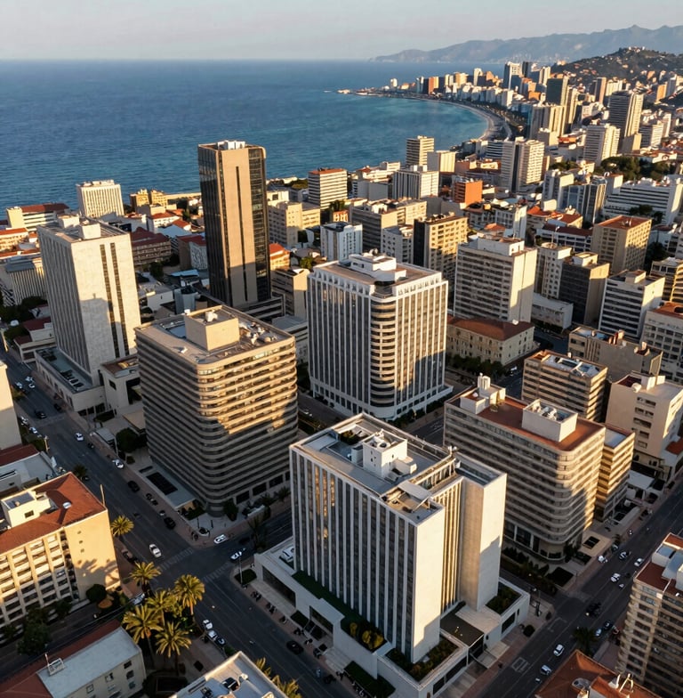 A bird's-eye view of a coastal Mediterranean city with modern infrastructure and upscale architecture. The lighting is golden hour, casting long shadows. Clean, high-value, professional photography.
