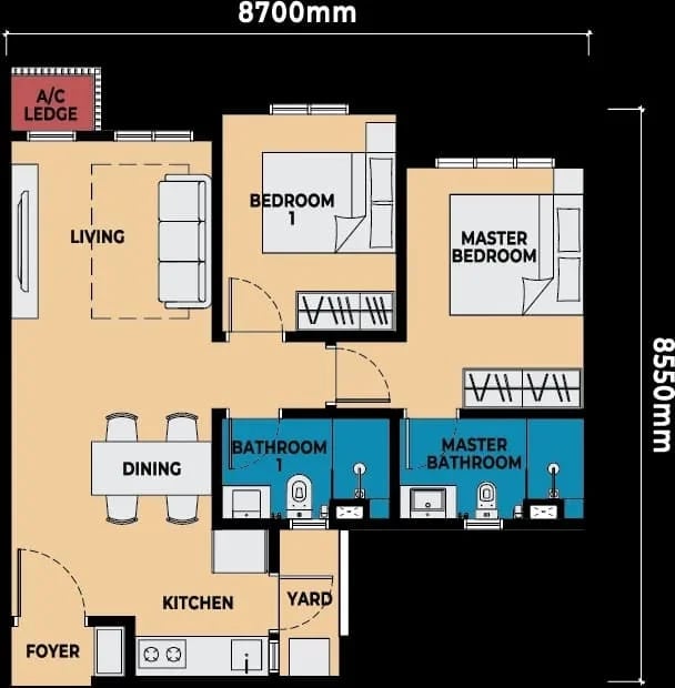Spacious 2 bedroom 667 sqft with side living room walking distance to RTS Bukit Chagar from RM880k