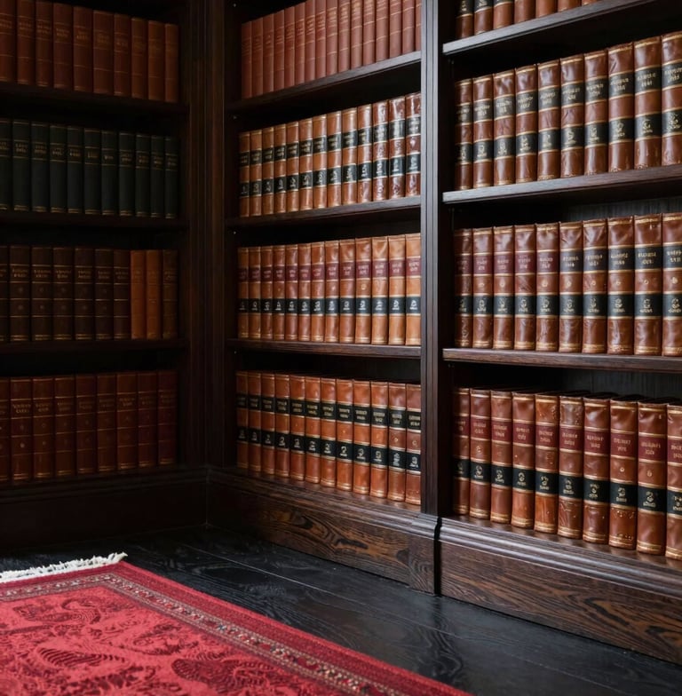 A sophisticated private library with tall shelves of leather-bound books. In the foreground, a crimson red rug adds warmth to the dark charcoal wooden flooring. Soft, ambient lighting.