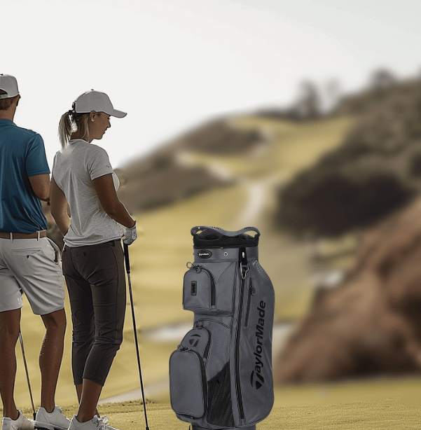 a man and woman golf players standing on a golf course