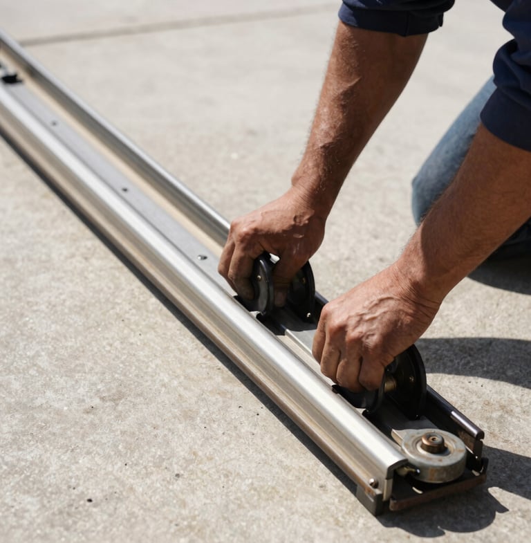 Technician inspecting a garage door track, close-up on the track and rollers, bright natural daylight, rich industrial tones, sharp focus, 35mm. Focus on the worn parts.