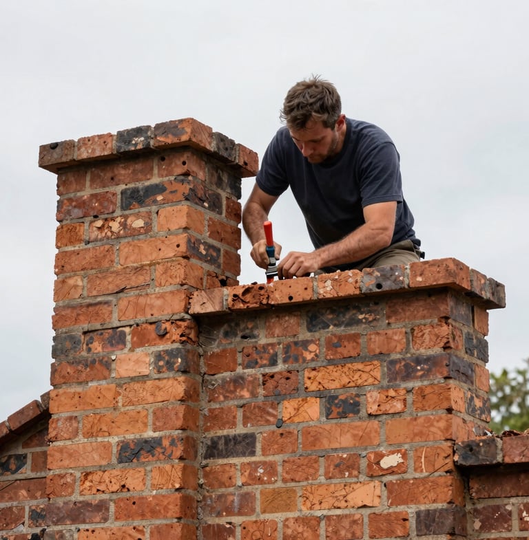 Skilled hands of a mason carefully repairing brickwork on an old chimney, focus on the tools and the textured brick, natural overcast daylight, warm heritage utility style.