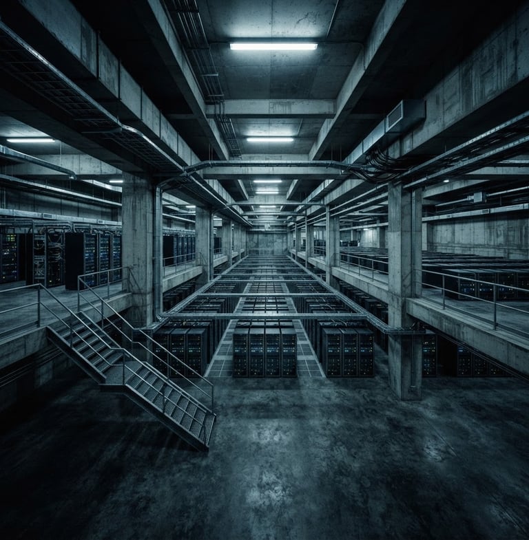 Wide panoramic brutalist server facility, stark concrete structures, harsh low-key fluorescent light, desaturated cold blue and slate tones, high contrast, 35mm, isometric angle, no people, no text.