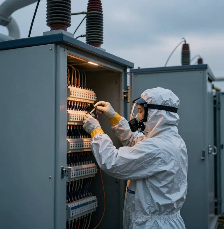 A vertical portrait of a certified high-voltage technician in full protective PPE, precisely terminating an 11 kV line inside a heavy metal transformer cabinet under overcast daylight.