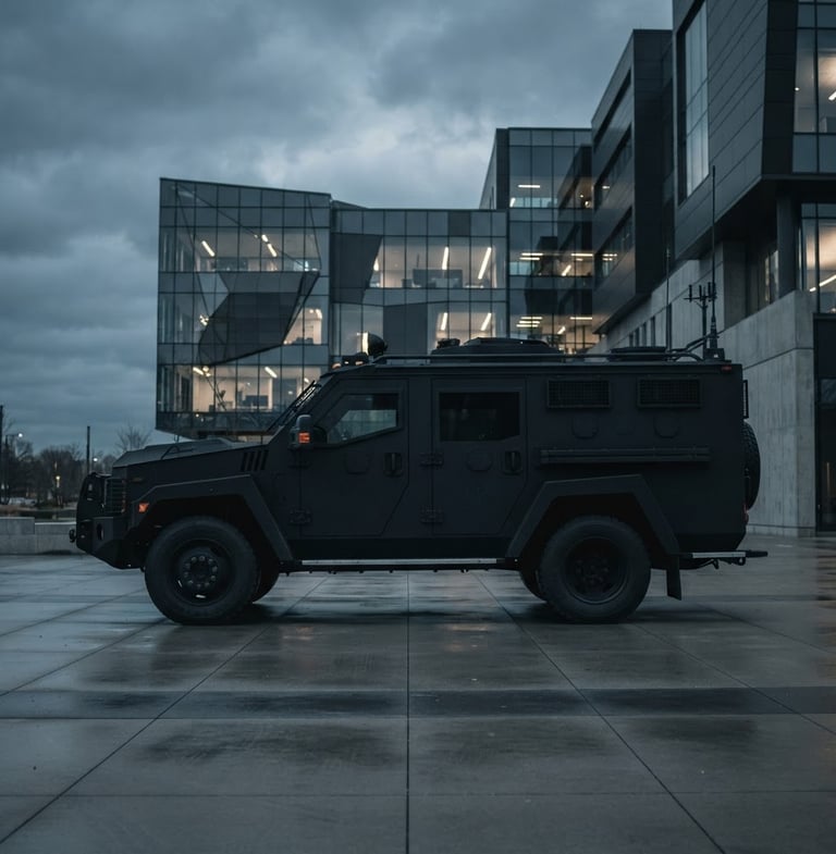 Sleek, dark armored security vehicle, side profile, parked in front of a modern corporate building at dusk, cool overcast daylight, desaturated slate and charcoal tones, sharp focus, 35mm lens.