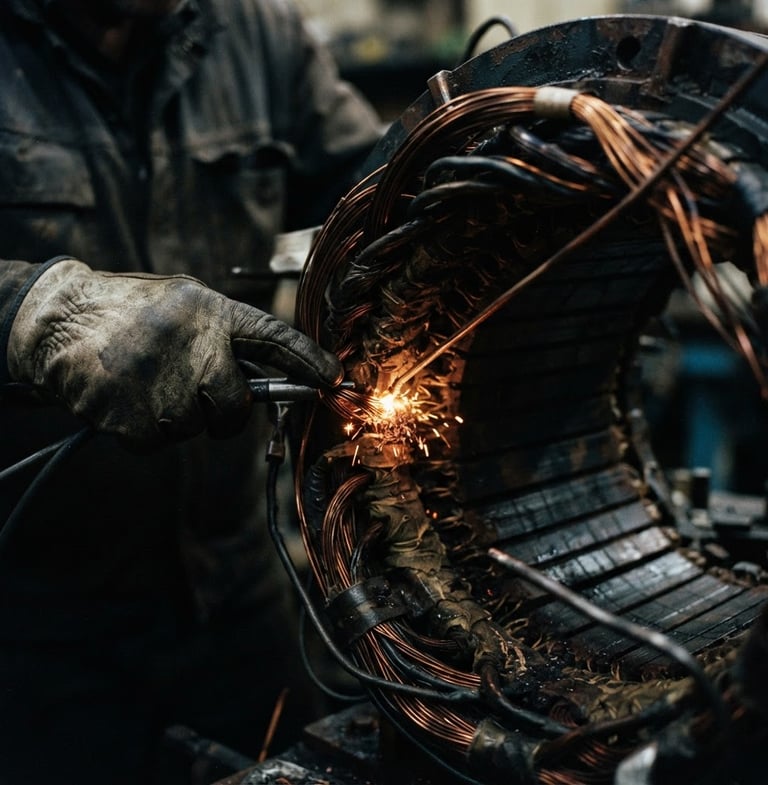 Macro close-up of a technician hand-winding copper coils onto a heavy stator core, high-contrast industrial workshop lighting, dramatic amber sparks, gritty 35mm photography