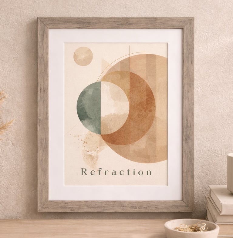 Minimalist abstract art print in a wood frame on a desk with boho pampas grass and neutral decor.