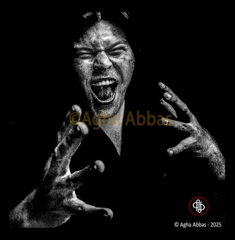 Black-and-white image: Person screaming in fear, hands raised, black background, gritty texture.