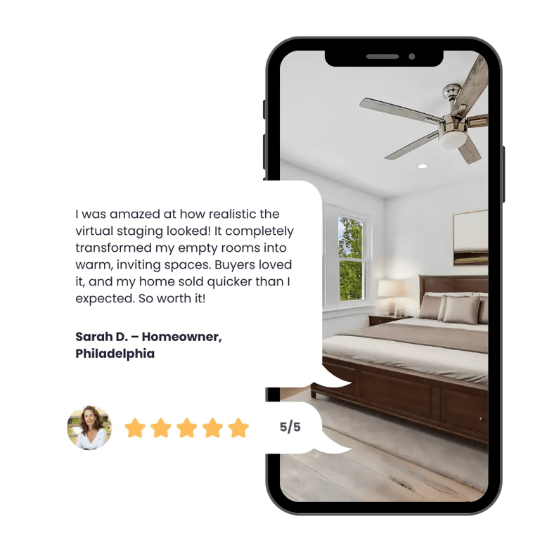 Homeowner testimonial for Space360 virtual staging in Philadelphia, featuring a realistic staged bed