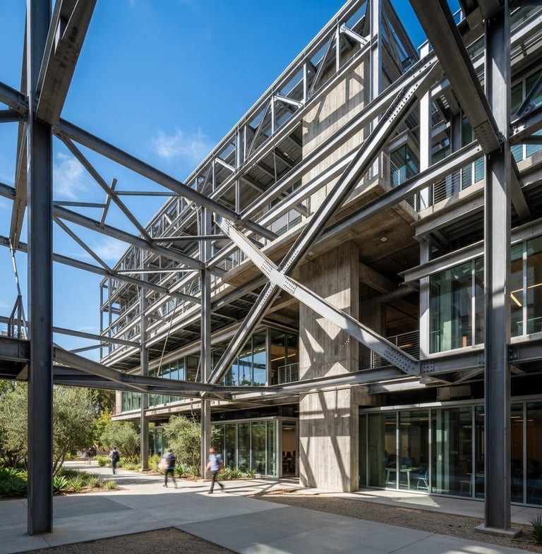 Wide-angle architectural photography of exposed structural steel framing against bright California daylight, crisp geometric shadows emphasizing form and engineering precision.