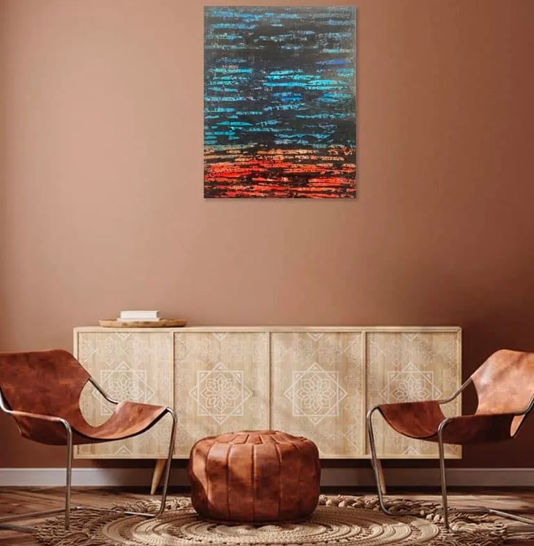 Tableau peinture abstraite aux tons turquoise et orangé, intitulé Vibrations colorées par Xirkys