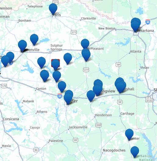 Eckles Vending East Texas service area map showing locations served