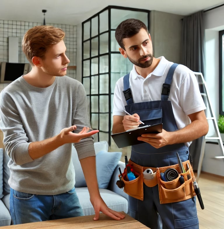 A landlord discussing property repairs with a handyman in a London apartment.