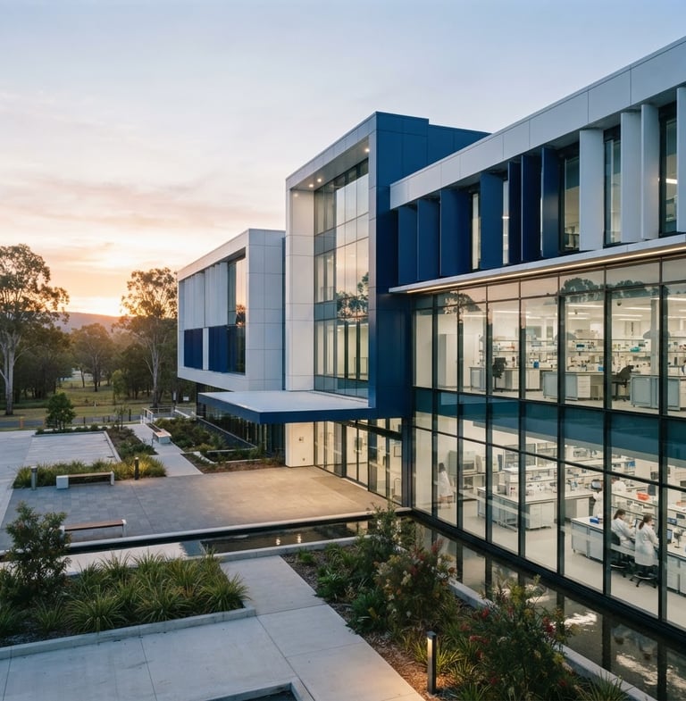 Australian biotechnology facility exterior at dawn, modern architecture, clean lines, professional 35mm lens, bright clinical lighting, sterile white and deep blue tones, no text