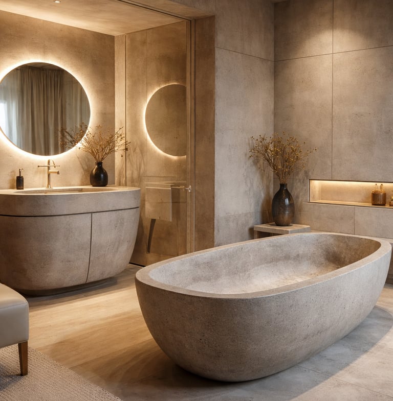 Banheira e cuba de concreto autoral em banheiro de luxo com iluminação quente e design minimalista.