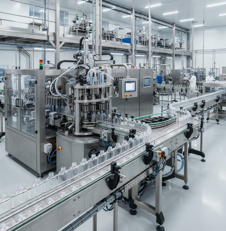 Wide shot of automated blow molding machinery on a clean factory floor, producing clear pharmaceutical bottles, bright industrial lighting, technical angles.