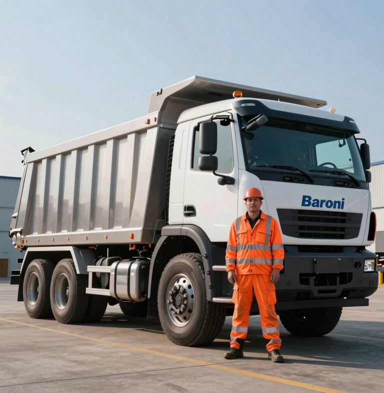 Professional Baroni Enterprises drivers in high-visibility gear, standing proudly beside a meticulously clean tri-axle dump truck at the Hubbard facility, crisp morning daylight, low angle heroic shot, high-contrast steel and safety-orange tones, sharp focus.