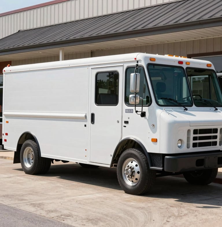Crisp industrial photography of a clean, branded garage door service truck parked outside a professional storefront on Clemson Boulevard in Anderson, bright natural daylight, sharp focus, 35mm