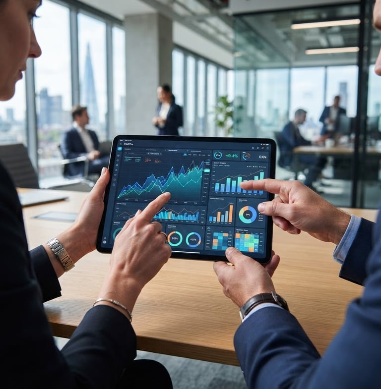 Close-up of a modern financial dashboard on a tablet, displaying dynamic charts and key performance indicators, hands pointing to data, in a high-tech corporate office setting, bright natural daylight, cool blue and slate tones, sharp focus, architectural depth.