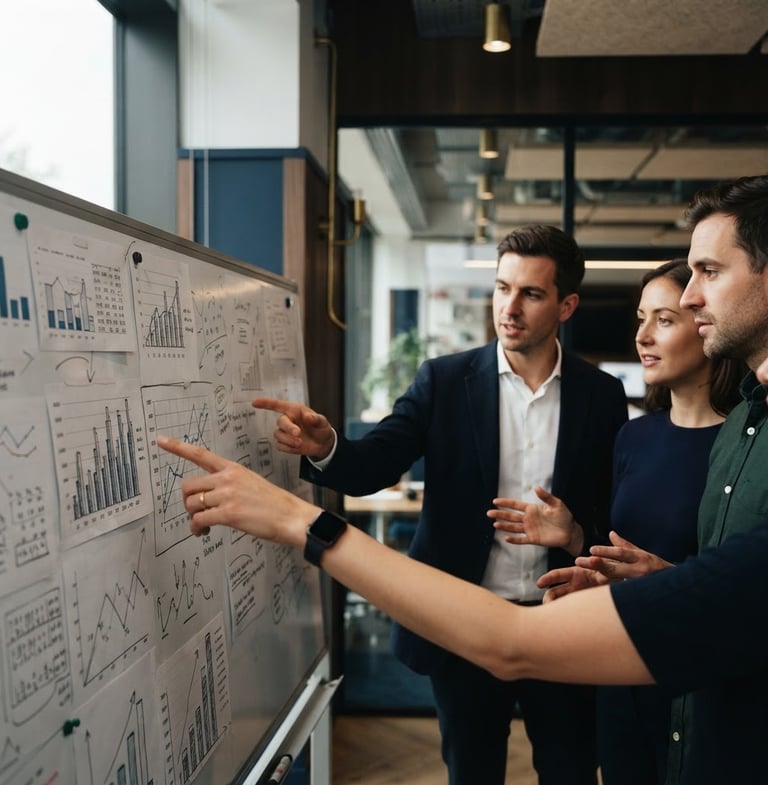 Collaborative strategy session in a modern British office, hands pointing at a physical whiteboard with data dashboards, soft overcast natural light, deep navy and brass tones, shallow depth of field, 35mm