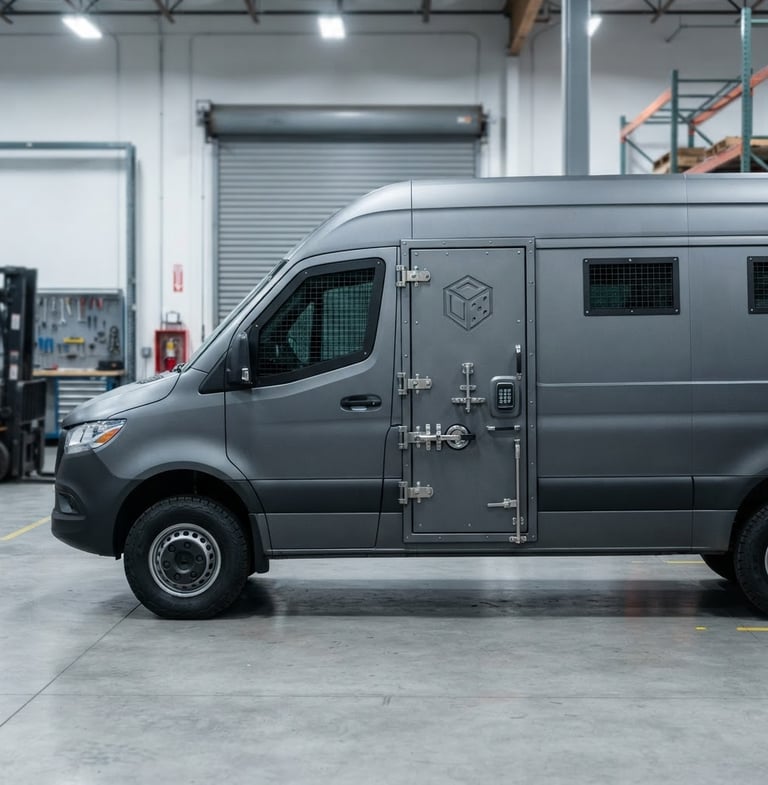 Profile view of a FACT DICE INC secure transport vehicle, sleek and modern, parked in a clean industrial facility, cool crisp daylight, focused on the vehicle's secure locking mechanisms and branding. 35mm.