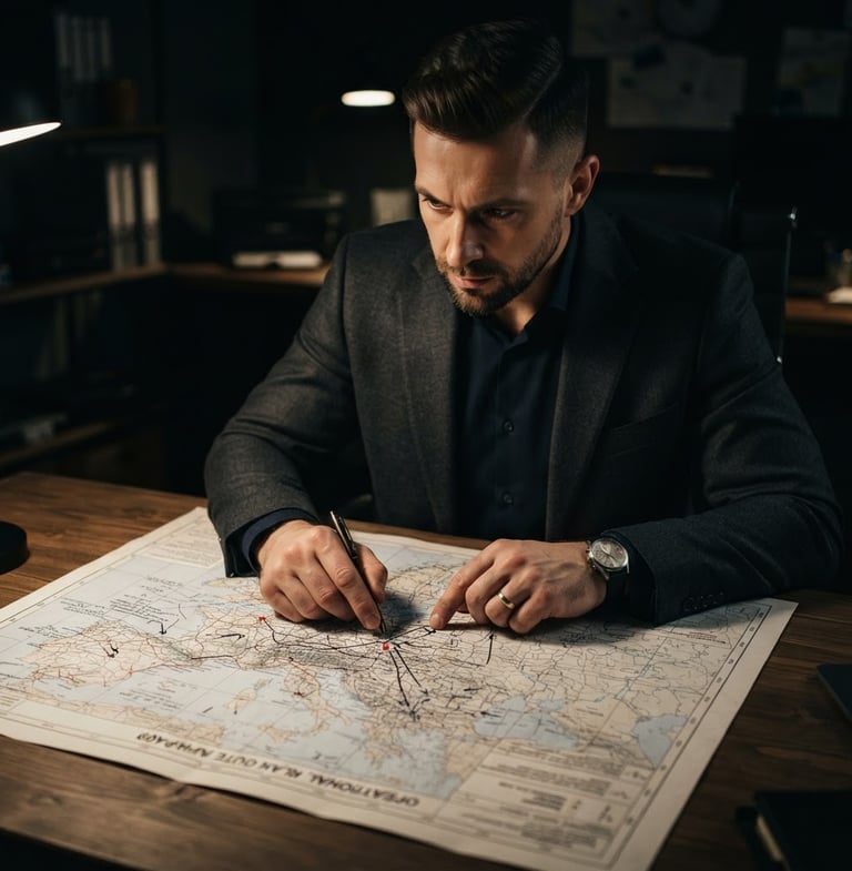 Specialist in a tailored dark suit, hands on a detailed route map, low-key dramatic lighting, focus on precision and planning.