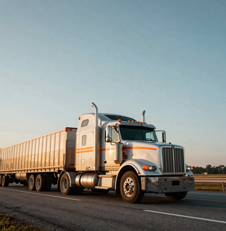 Low-angle heroic shot of a heavy-haul flatbed truck on a South Carolina highway at sunrise, metallic textures gleaming, wide-angle framing.
