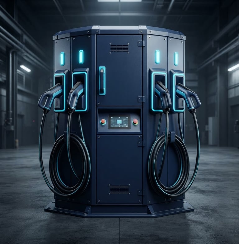 Technical CAD rendering of the flagship 4-gun charging cabinet, showcasing its robust industrial design, deep navy finish, and electric cyan accents. Sharp structural lines, high-contrast industrial lighting, 50mm.