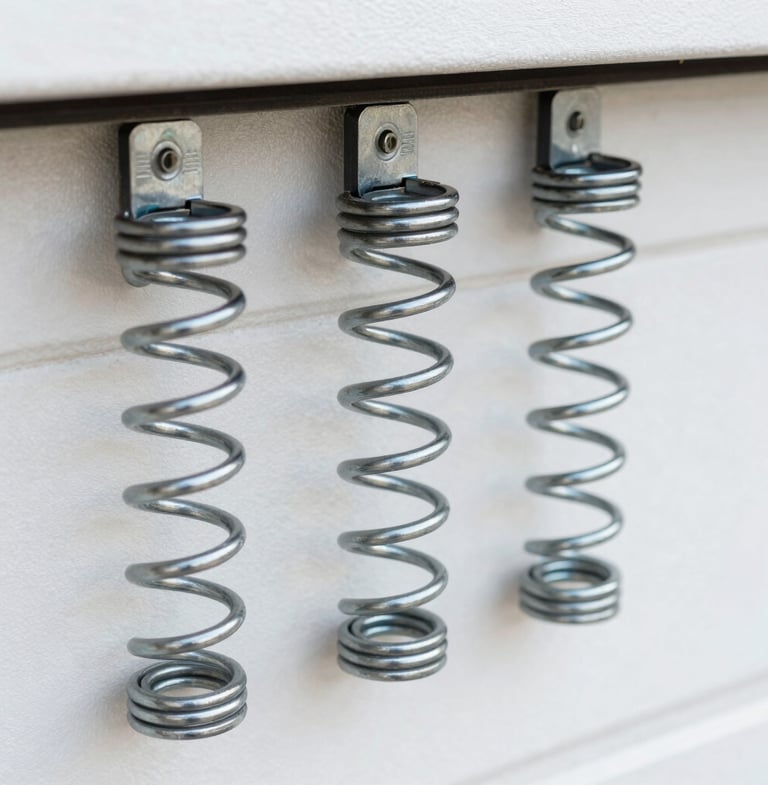 Close-up of new high-cycle steel torsion springs installed on a residential garage door, clean and well-lit, sharp focus on the spring coils.