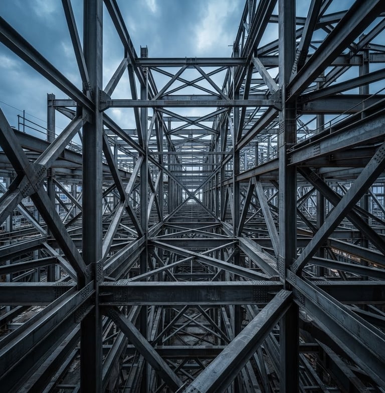 Wide-angle view of a massive structural steel framework under a cool overcast sky, razor-sharp focus on the intersecting beams, high contrast, no people.